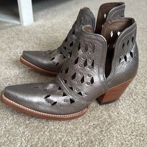 Ariat Metallic Gray Cutout Leather Ankle Booties with Brown Stacked Heel